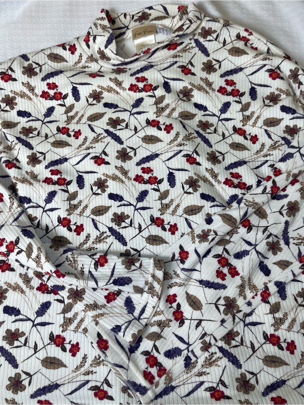 Bobbie Brooks Cream Ribbed Cowl Neck Sweater with Red & Navy Floral Print